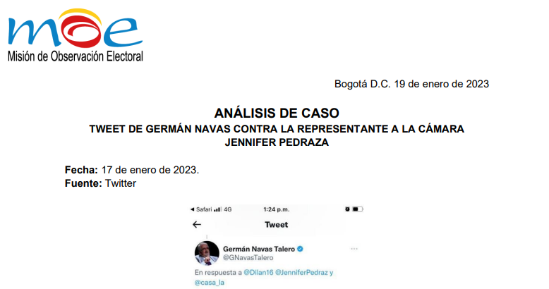 Análisis de caso: Tweet de Germán Navas contra la Representante a la Cámara Jennifer Pedraza