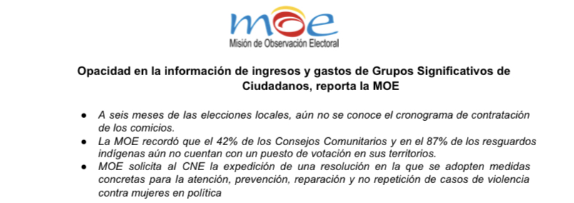 Opacidad en la información de ingresos y gastos de Grupos Significativos de Ciudadanos, reporta la MOE