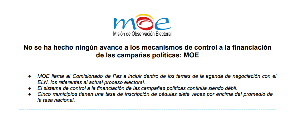 No se ha hecho ningún avance a los mecanismos de control a la financiaciónde las campañas políticas: MOE