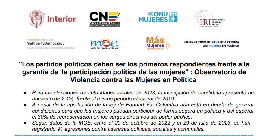 «Los partidos políticos deben ser los primeros respondientes frente a la garantía de la participación política de las mujeres» : Observatorio de Violencia contra las Mujeres en Política