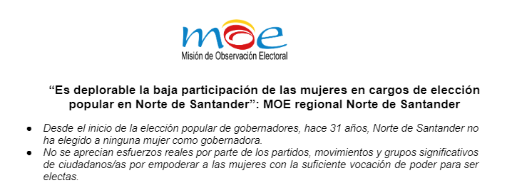 «Es deplorable la baja participación de las mujeres en cargos de elección popular en Norte de Santander”: MOE regional Norte de Santander