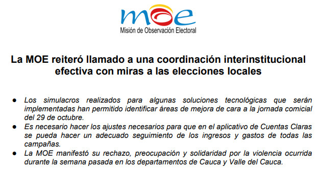 La MOE reiteró llamado a una coordinación interinstitucional efectiva con miras a las elecciones locales
