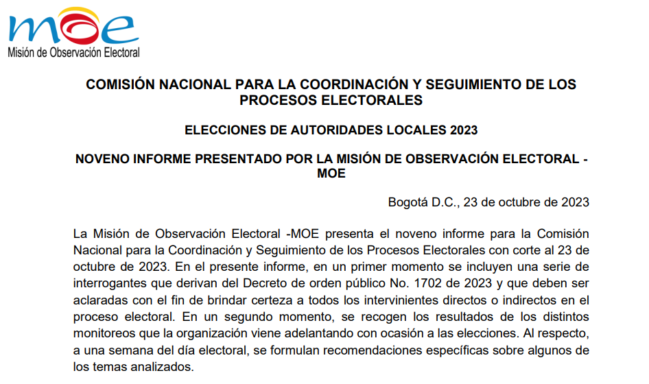 Noveno informe presentado por la MOE a la Comisión De seguimiento Electoral – Elecciones de Autoridades Locales 2023