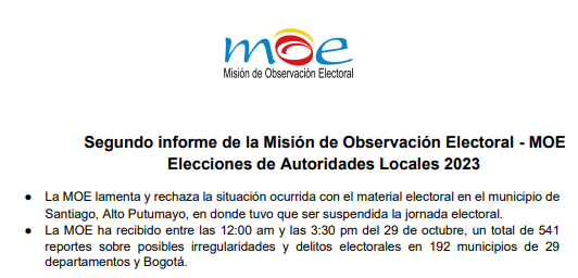 Segundo informe de la observación realizada por la MOE al proceso de Elecciones de Autoridades Locales 2023